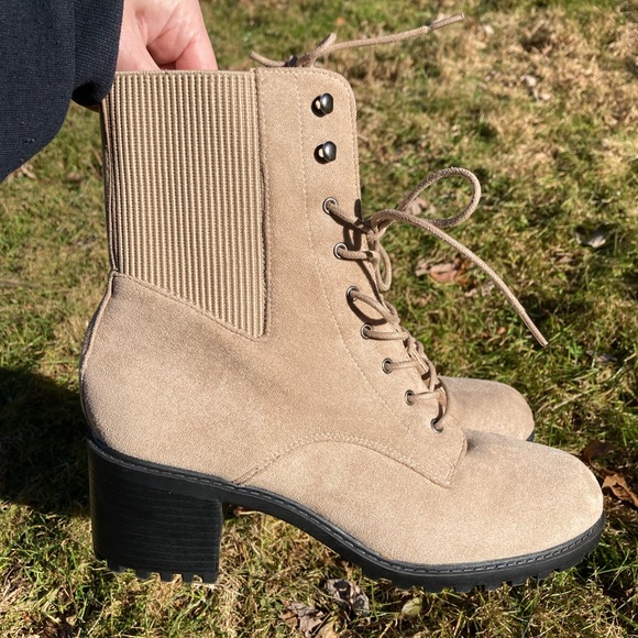 Journee Women's Tru Comfort Kassia Lace Up Stacked Heel Faux Suede Booties Taupe - Picture 3 of 16